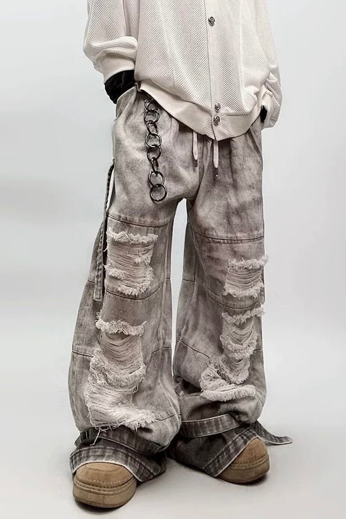 Unisex Distressed Wide-Leg Denim Pants mry001806