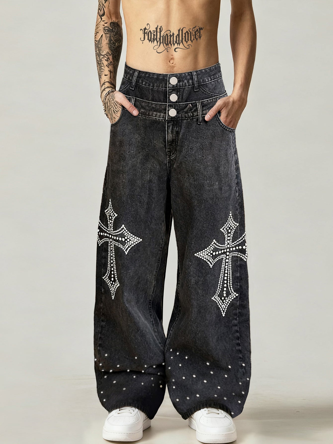 Rhinestone Cross Wide Leg Jeans mry002281