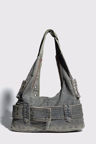 Washed Denim Belt Shoulder Bag mry002256