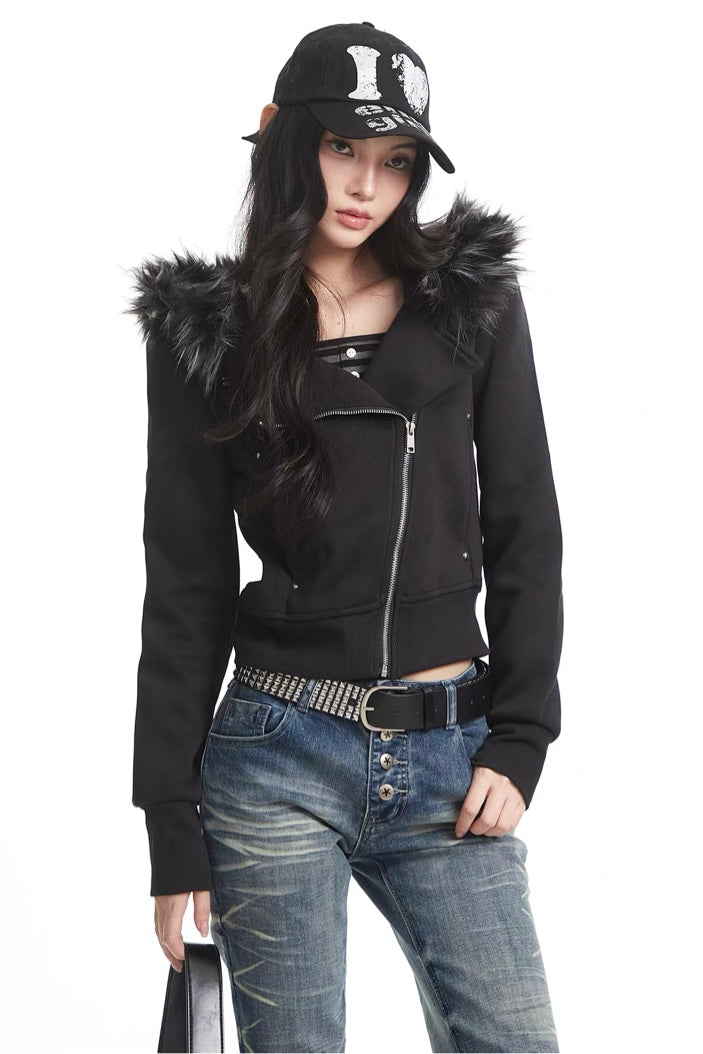 Fur Hood Cropped Rider Jacket mry002250
