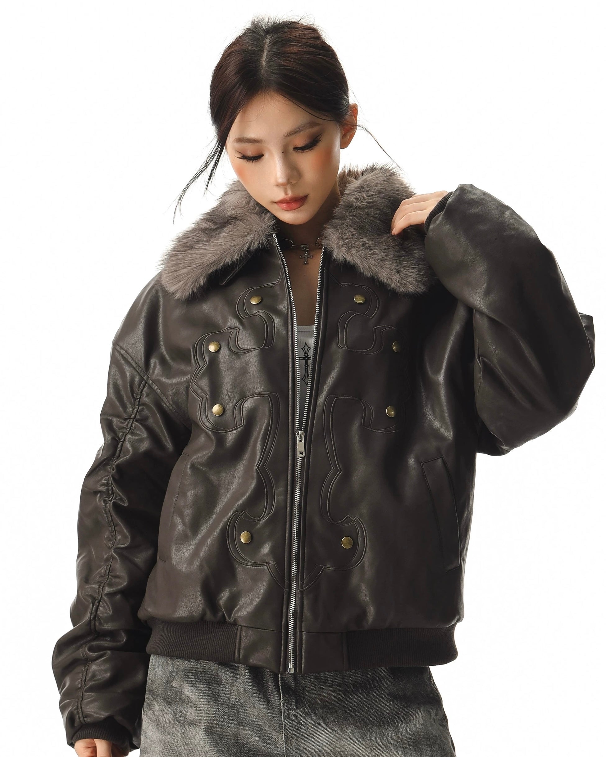 Fur Collar Cross Leather Jacket mry002018