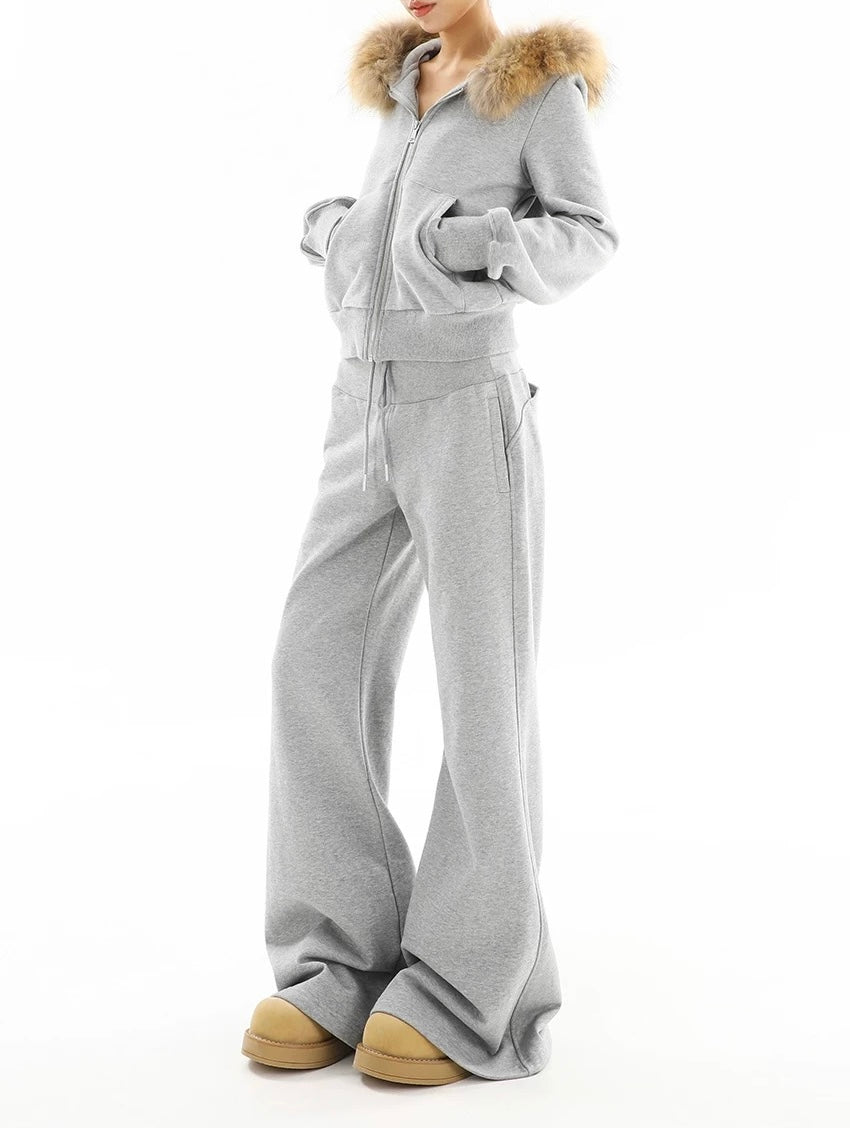 【Set-Up】Fur Hood Zip-Up & Wide-Leg Sweatpants Set-Up mry001892