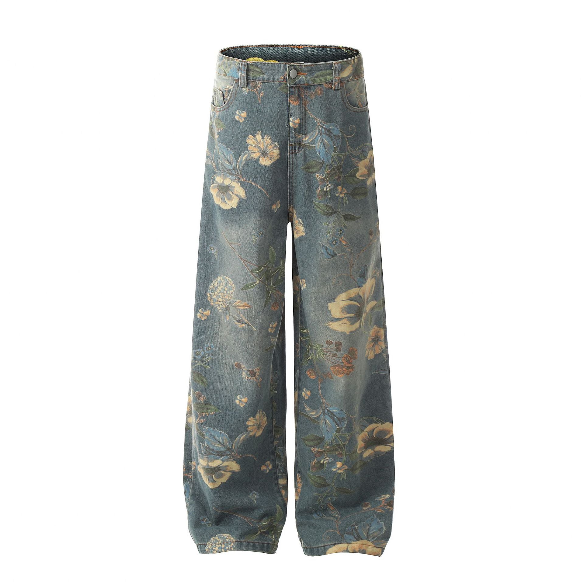 Vintage Floral Wide-Leg Denim Pants mry001734