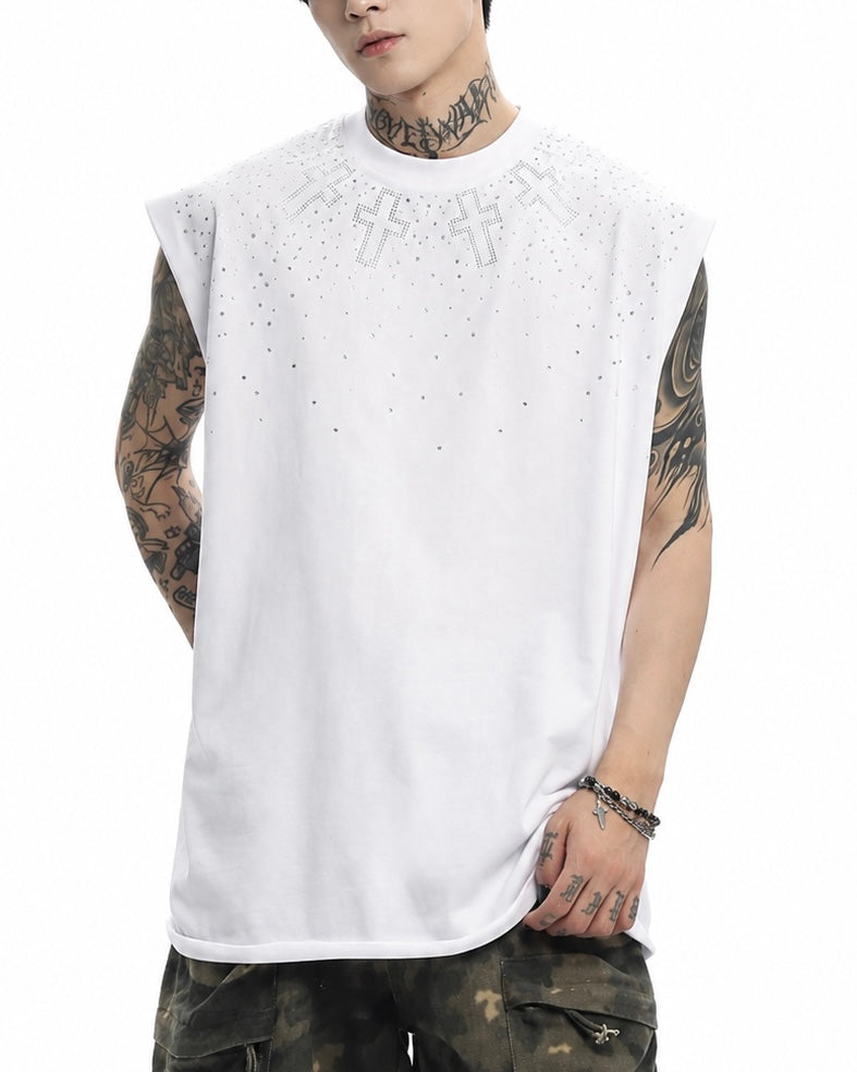 【トップス】クロスラインストーンノースリーブTシャツ mry002446