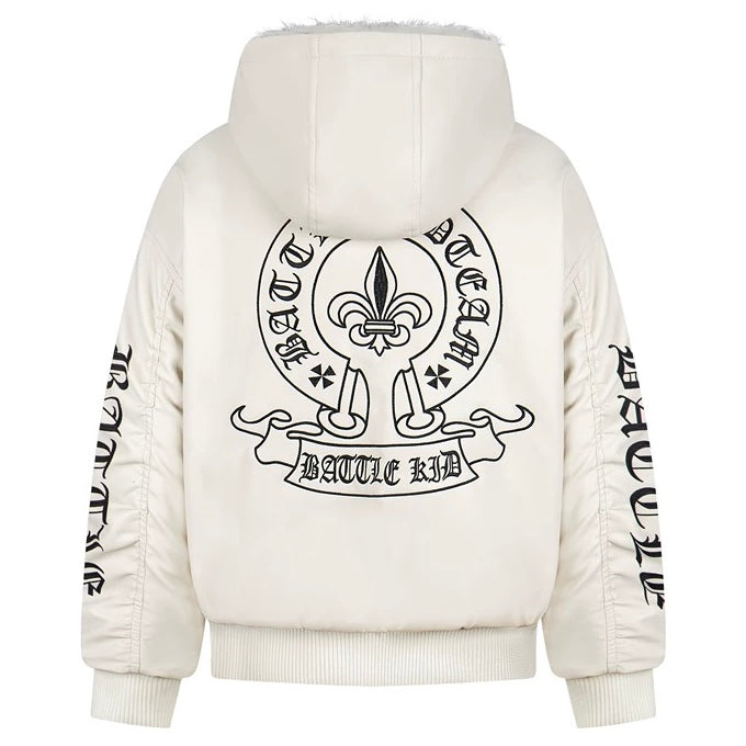 Fur Hood Graphic Leather Jacket mry001992