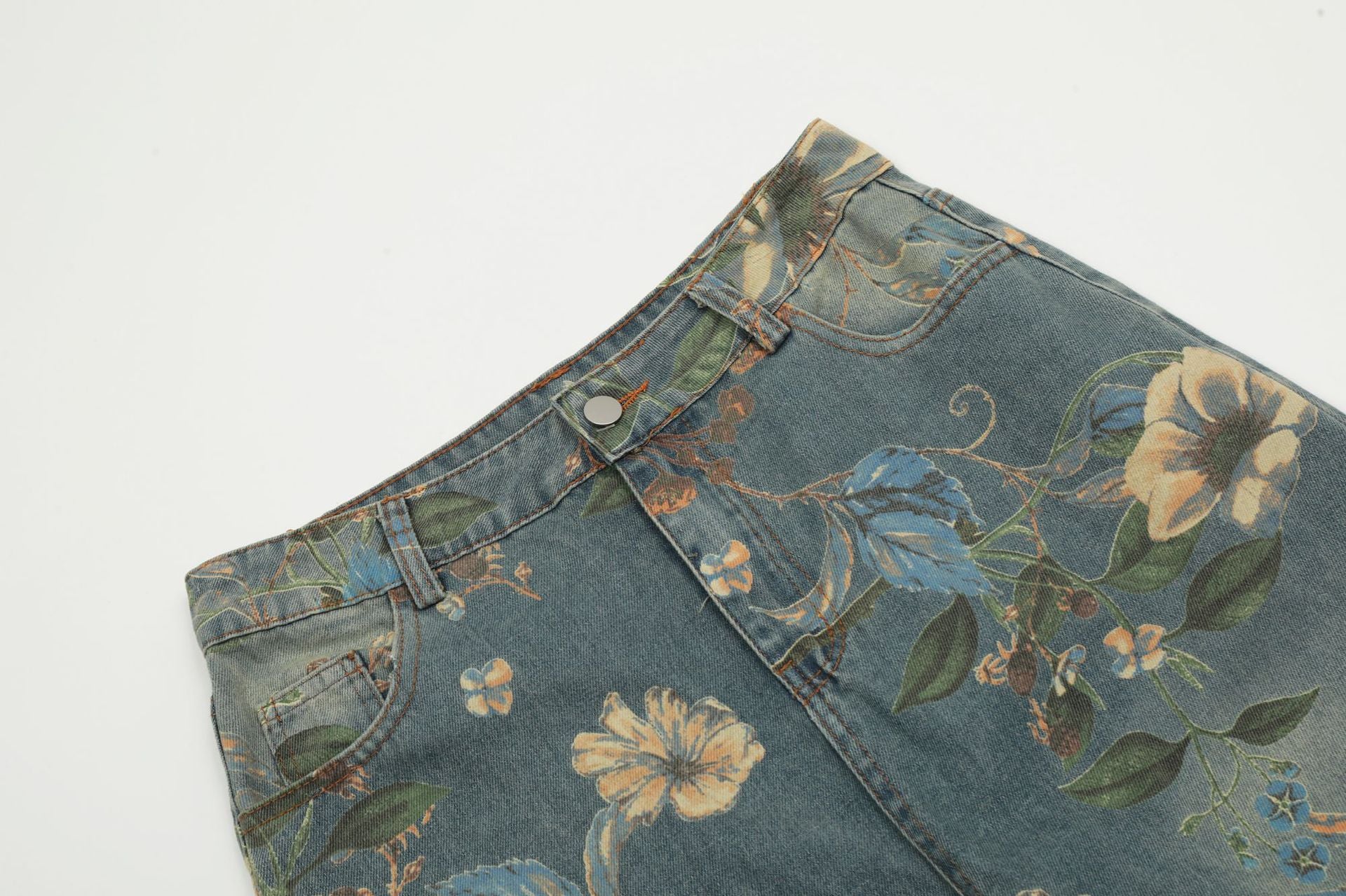 Vintage Floral Wide-Leg Denim Pants mry001734