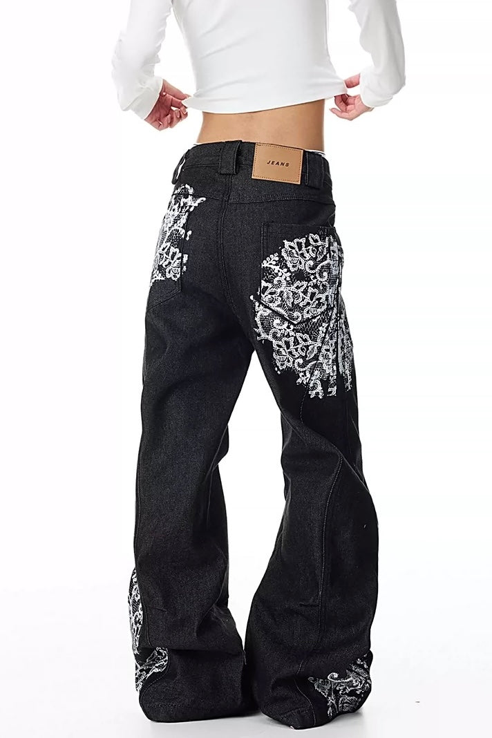 Grunge Floral Wide-Leg Denim Pants mry002239