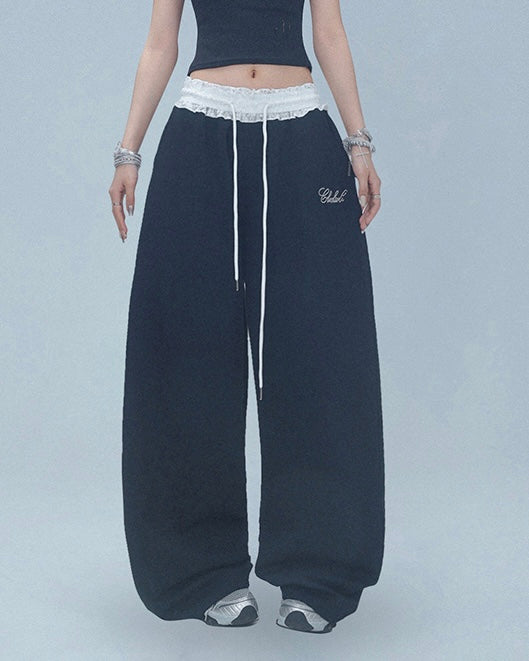 【YURU:FIT】Lace Waist Wide-Leg Sweatpants mry001877