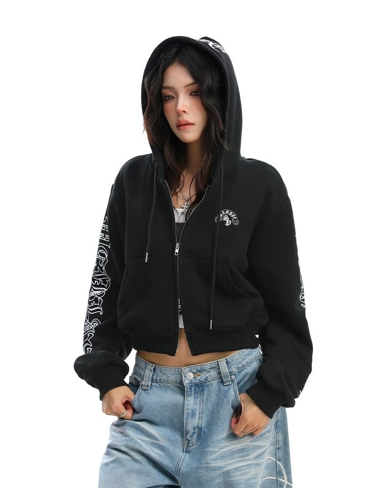 【Tops】Gothic Logo Cropped Zip Hoodie mry001888