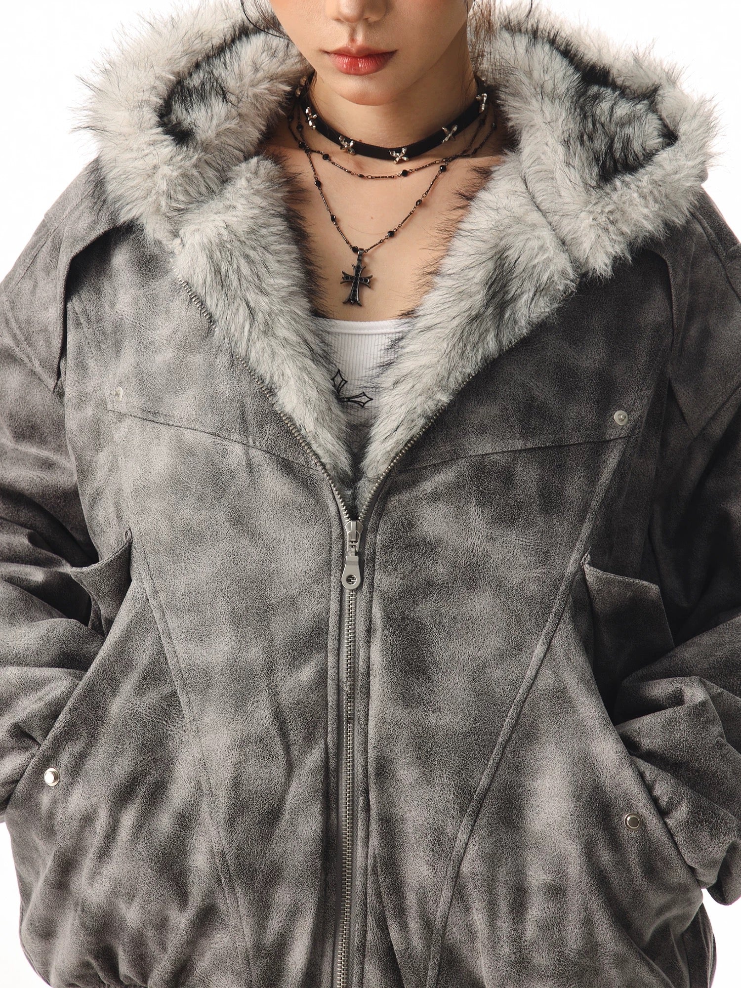 【評価★4.8以上】Vintage Washed Faux Fur Hooded Jacket mry001945