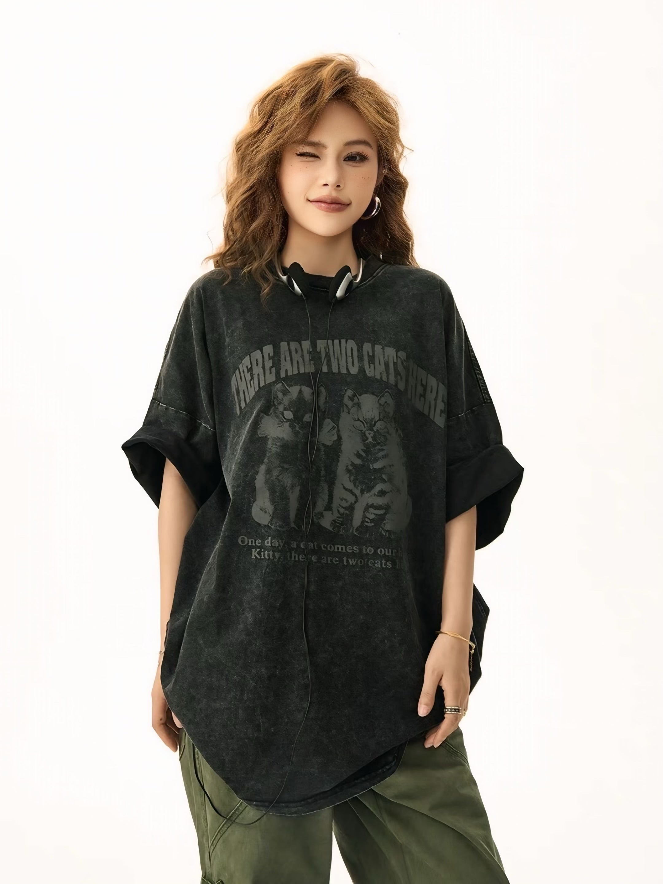 Grunge Cat Print Washed T-Shirt mry001715