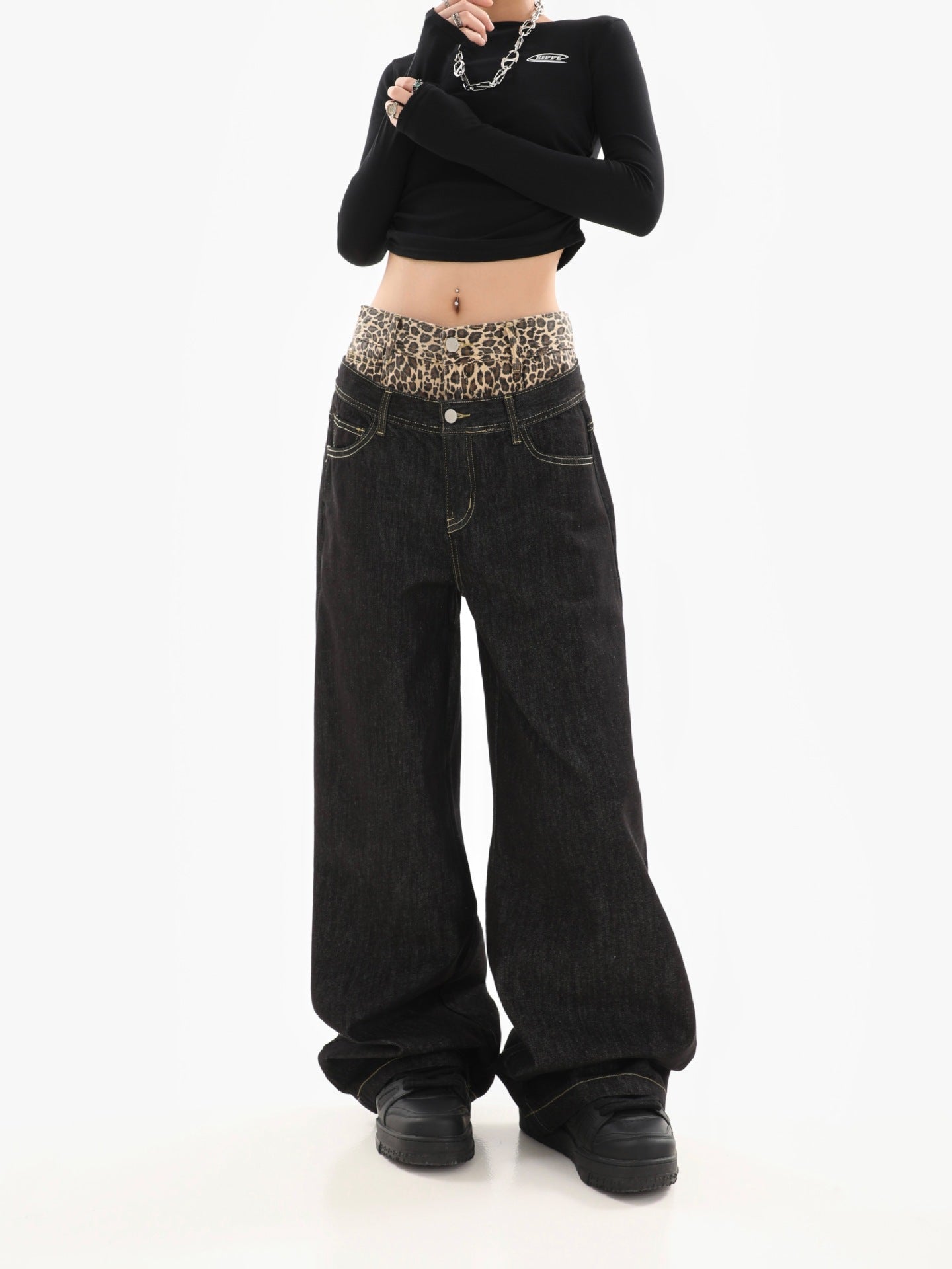 Leopard Waistband Wide-Leg Jeans mry001853
