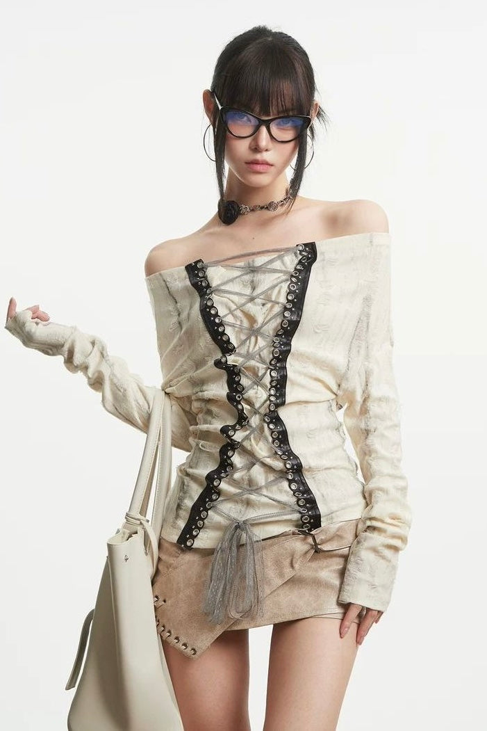 Lace-Up Off-Shoulder Top mry0022569