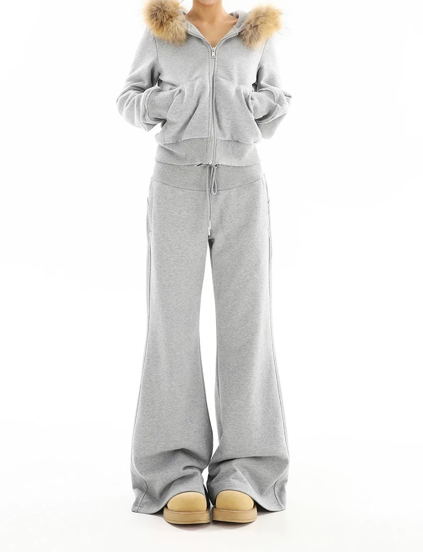 【Set-Up】Fur Hood Zip-Up & Wide-Leg Sweatpants Set-Up mry001892