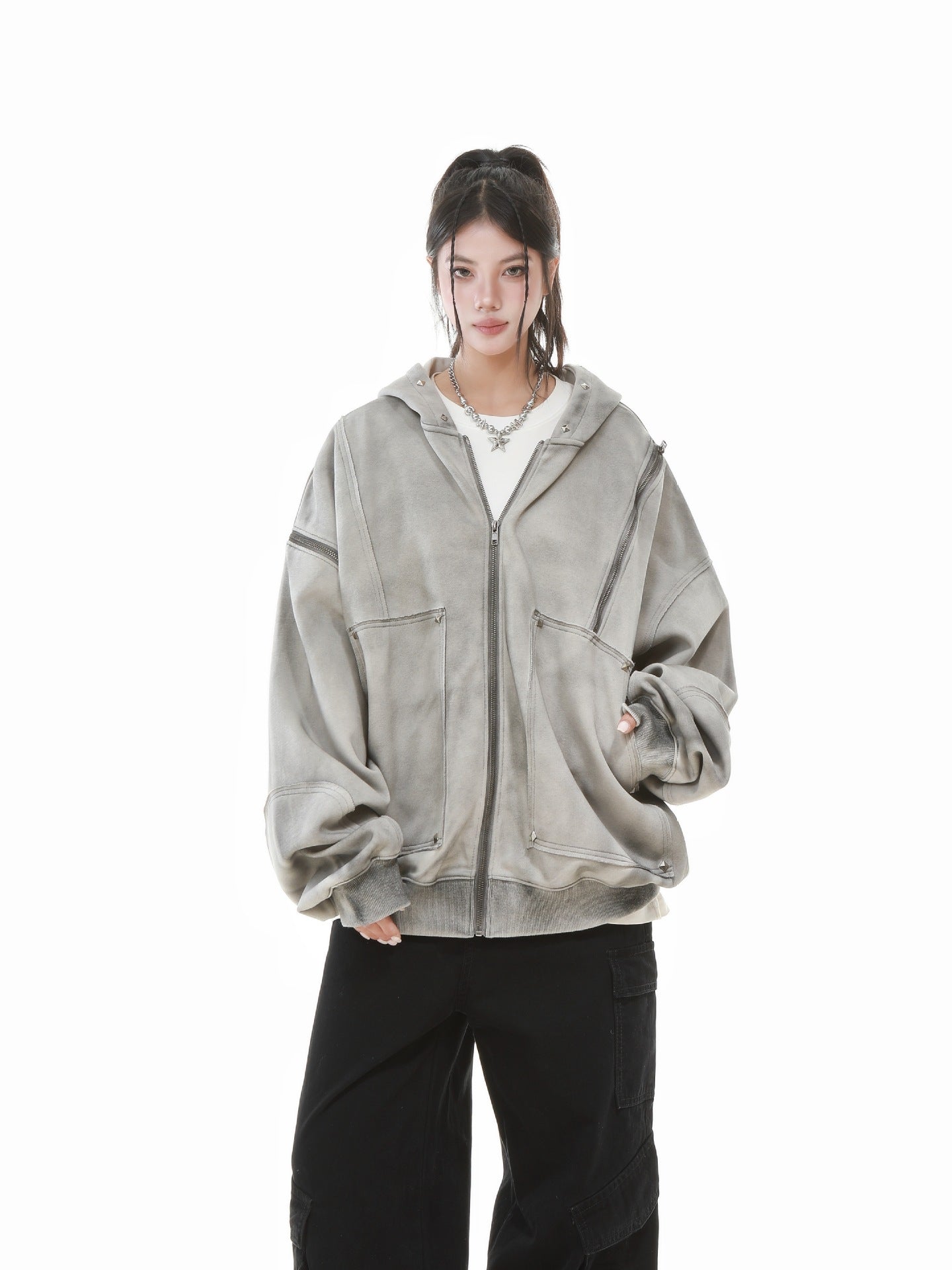 【評価★4.8以上】Vintage Washed Studded Overfit Hoodie Jacket mry001943