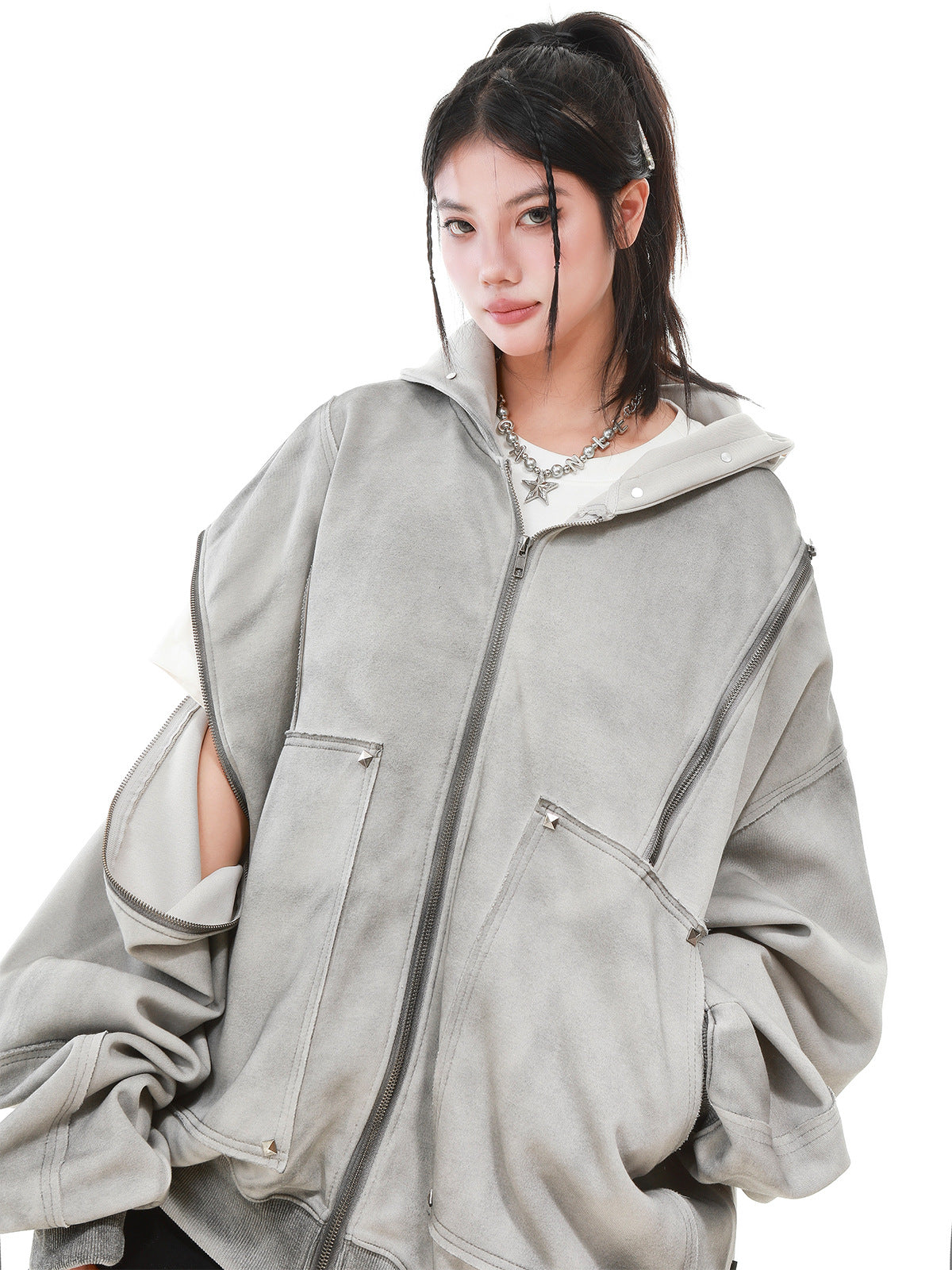 【評価★4.8以上】Vintage Washed Studded Overfit Hoodie Jacket mry001943