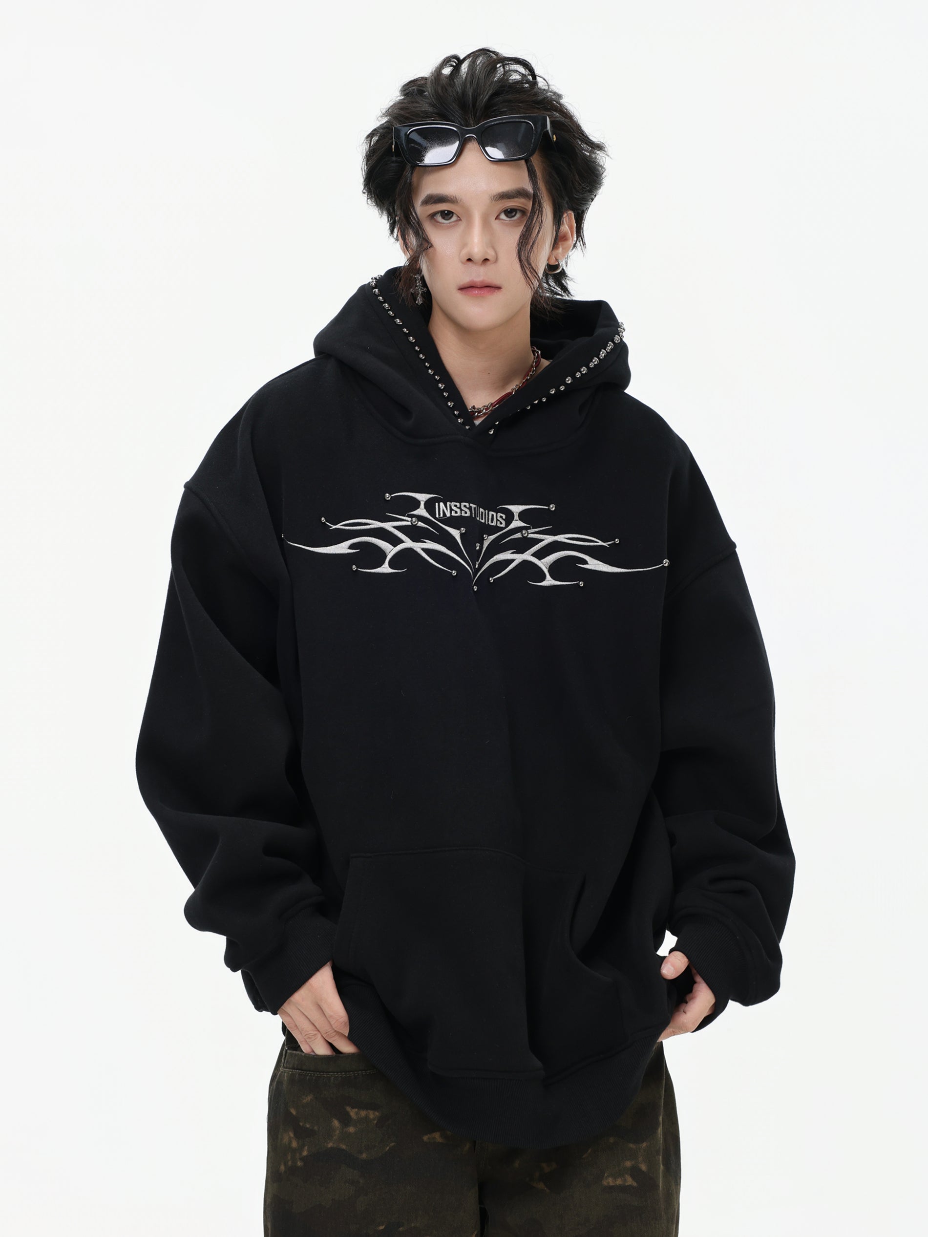 【評価★4.8以上／高品質】Tribal Studded Oversized Hoodie mry001900
