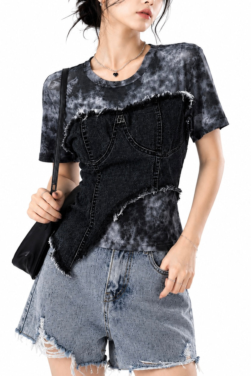 【トップス】レイヤードデニムドッキングトップス mry002395