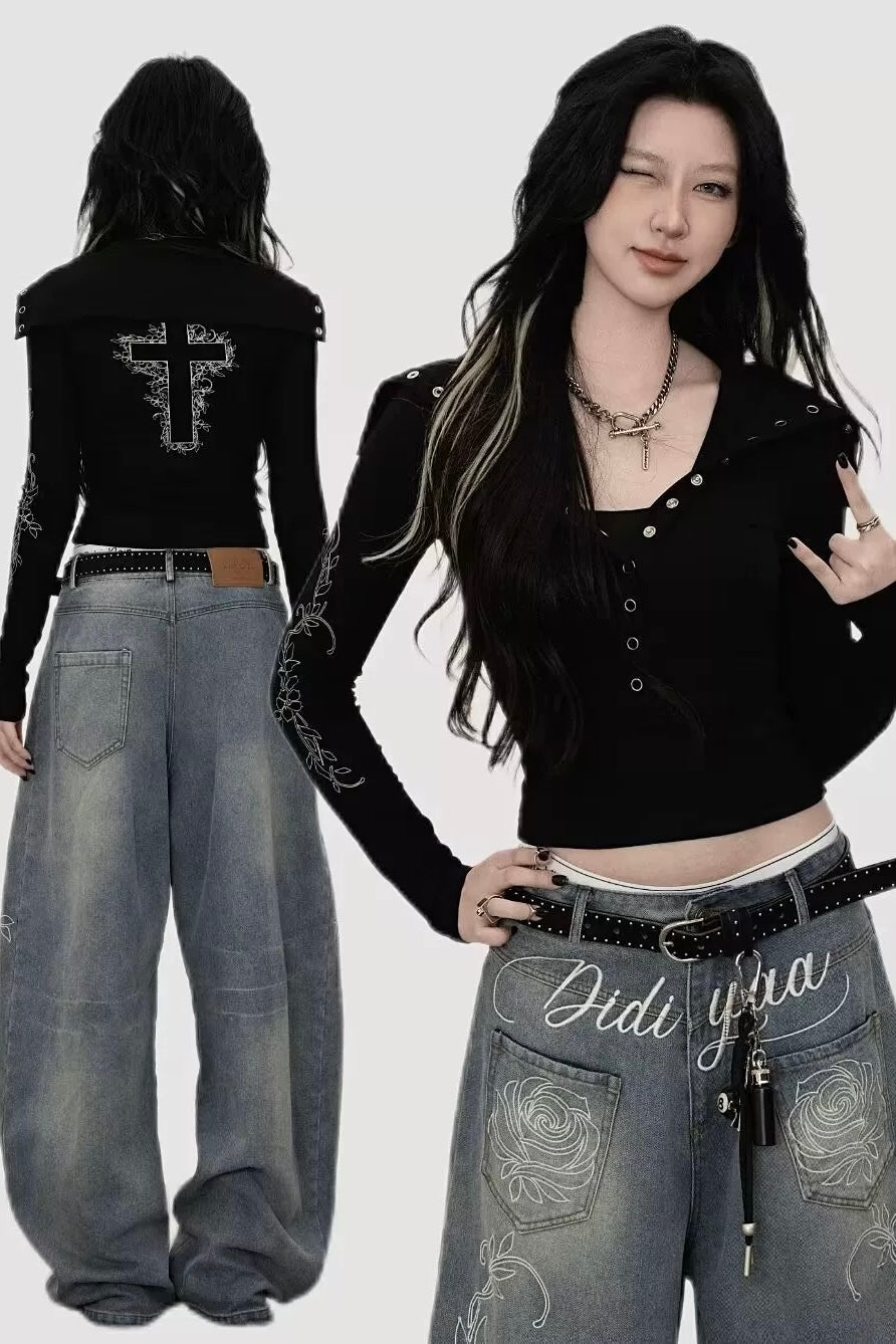 Cross Embroidery Slim Fit Top mry002188