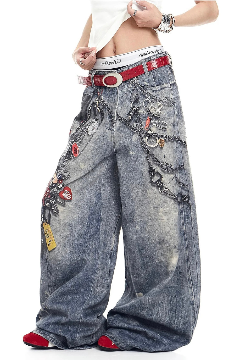 【COVER:FIT】Retro Keychain Graphic Wide Denim Pants mry001919