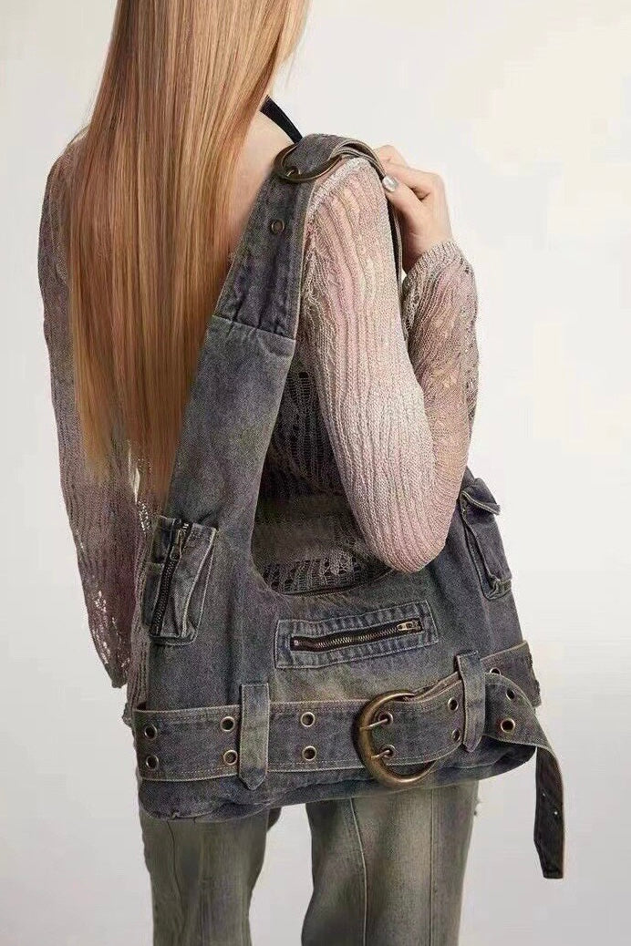 Washed Denim Belt Shoulder Bag mry002256
