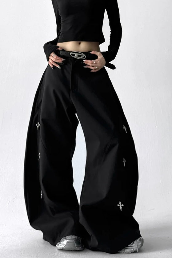 【COVER:FIT】 Cross Embroidery Wide-Leg Black Pants mry001871