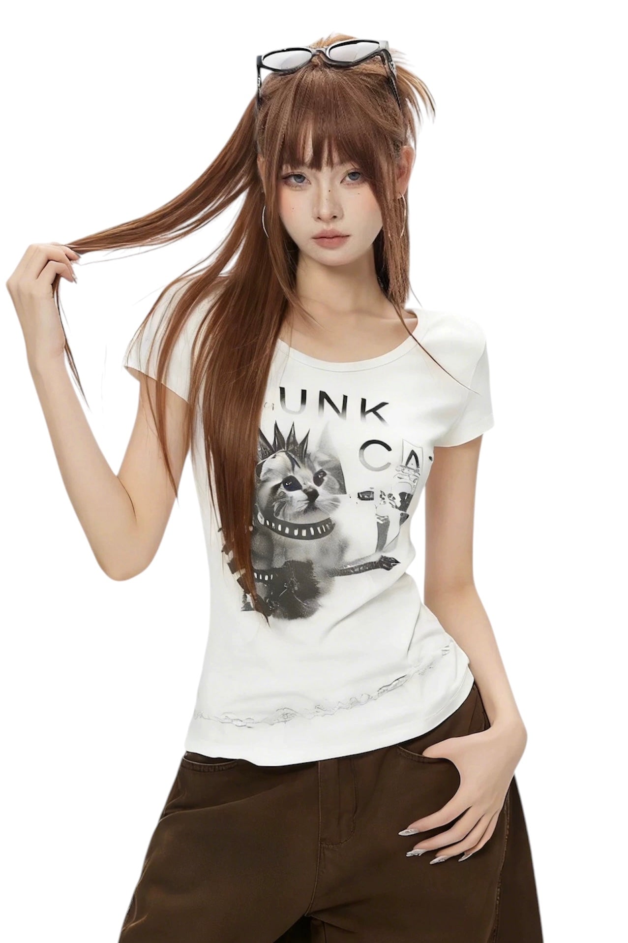 【トップス】パンクキャットグラフィックTシャツ mry002382