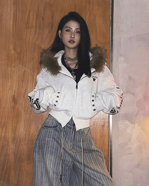 Fur Hooded Zip-Up Jacket mry002019