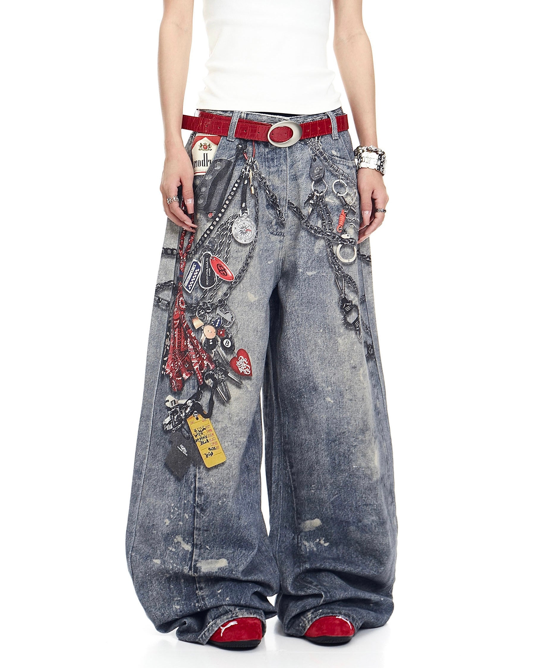 【COVER:FIT】Retro Keychain Graphic Wide Denim Pants mry001919