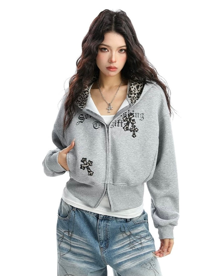 【評価★4.8以上／Tops】Leopard Lined Gothic Cross Zip Hoodie mry001904