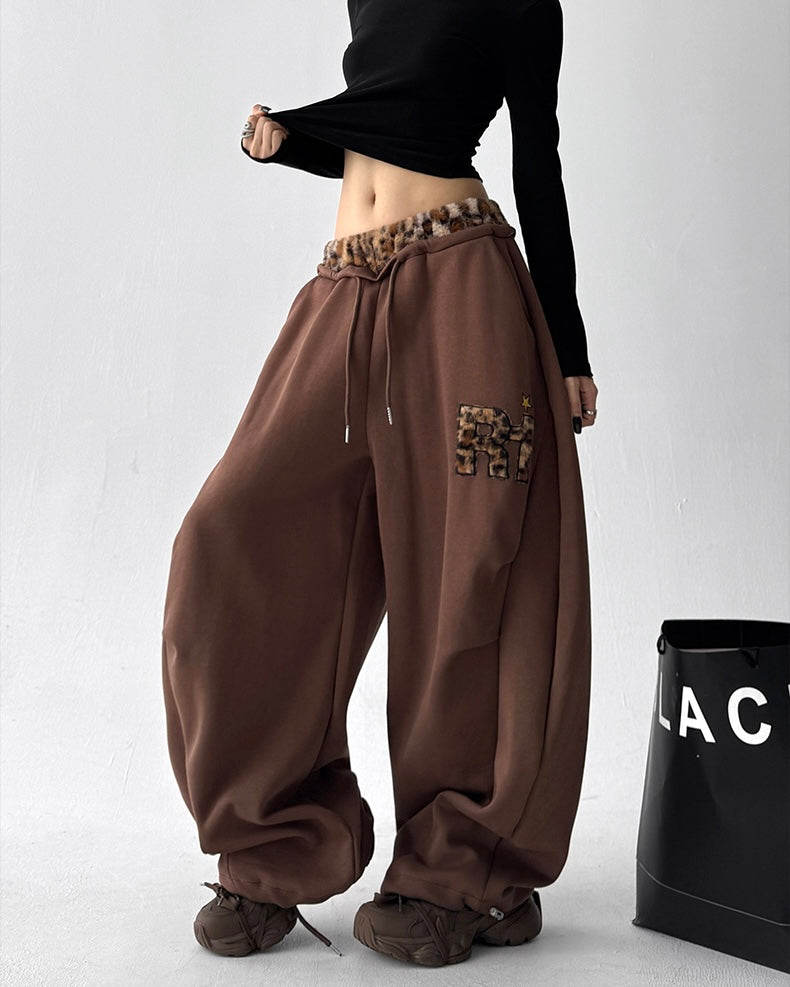 【YURU:FIT】Leopard Fur Waistband Baggy Sweatpants mry001875