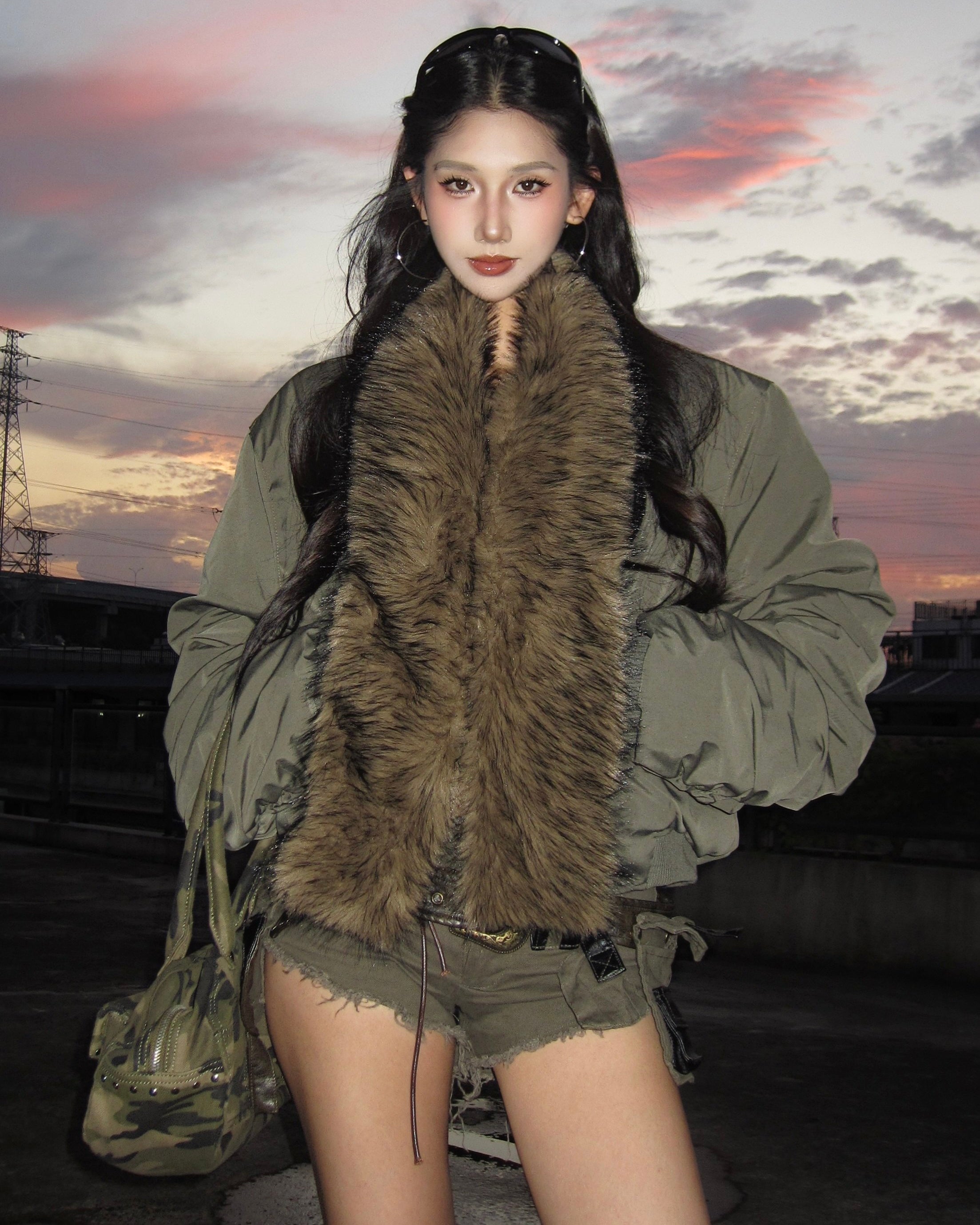 Faux Fur Collar Bomber Jacket mry002091