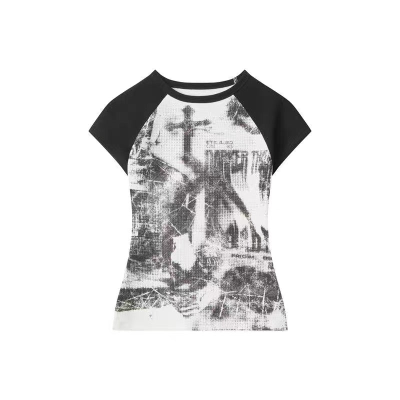 【トップス】グランジプリントフィットTシャツ mry002369