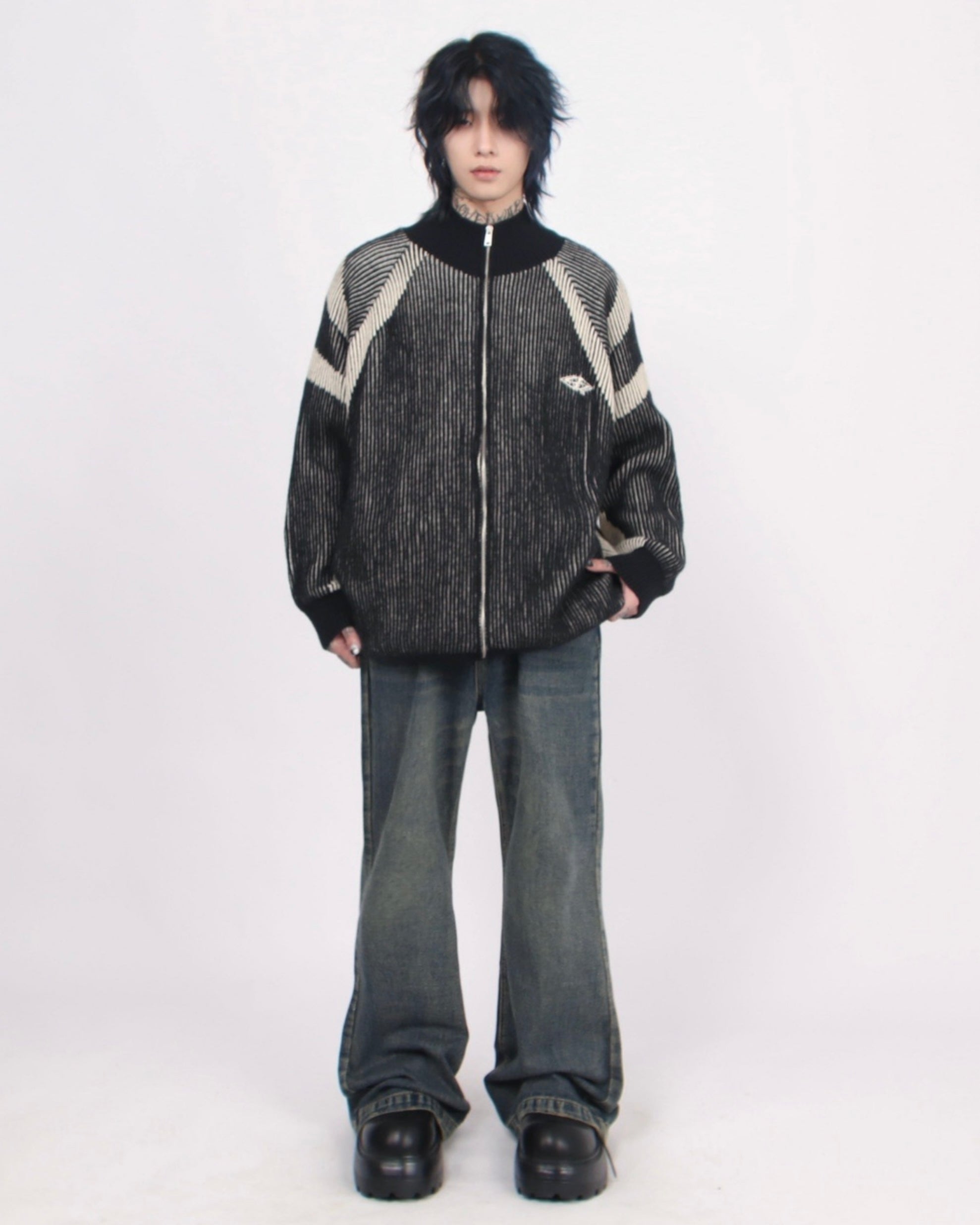 【評価★4.8以上／Tops】Two-Tone Stripe Zip Knit Cardigan mry001918