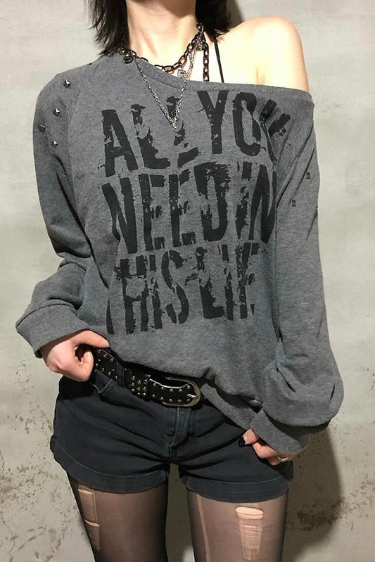 Distressed Graphic Off-Shoulder Top mry002273