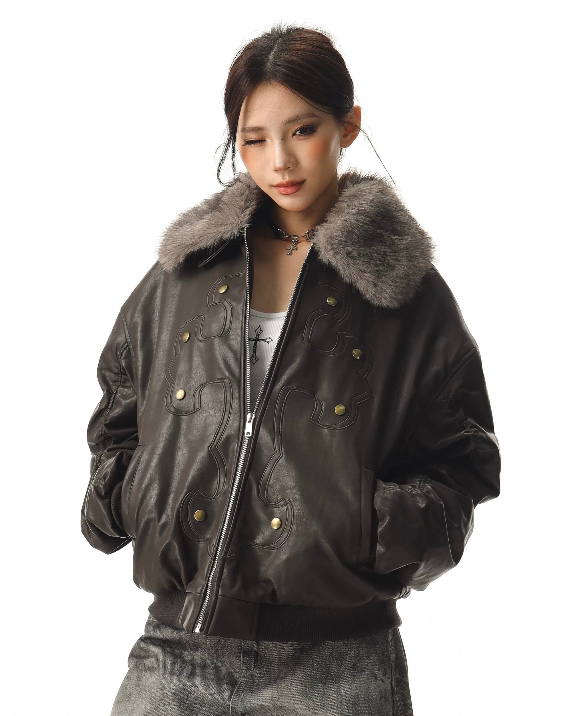 Fur Collar Cross Leather Jacket mry002018