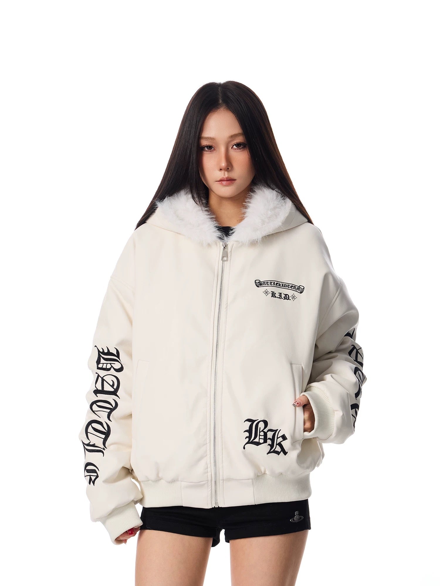 Fur Hood Graphic Leather Jacket mry001992