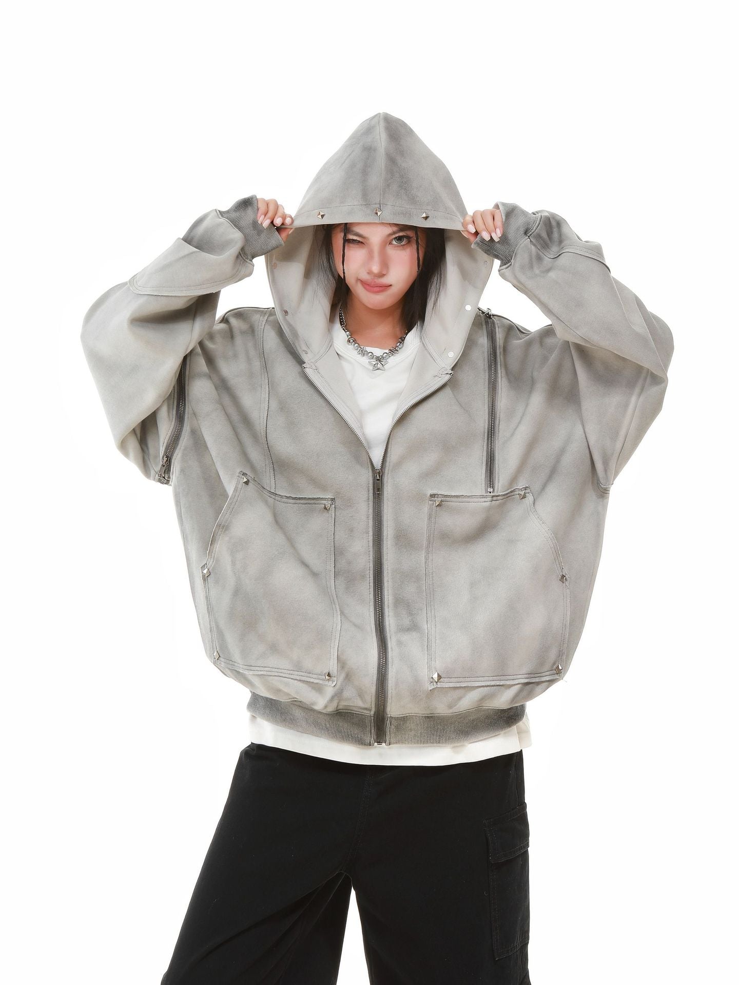 【評価★4.8以上】Vintage Washed Studded Overfit Hoodie Jacket mry001943