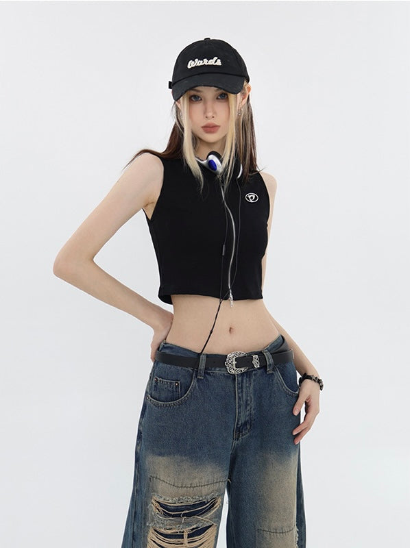 Zip-Up Hooded Crop Tank Top mry001697