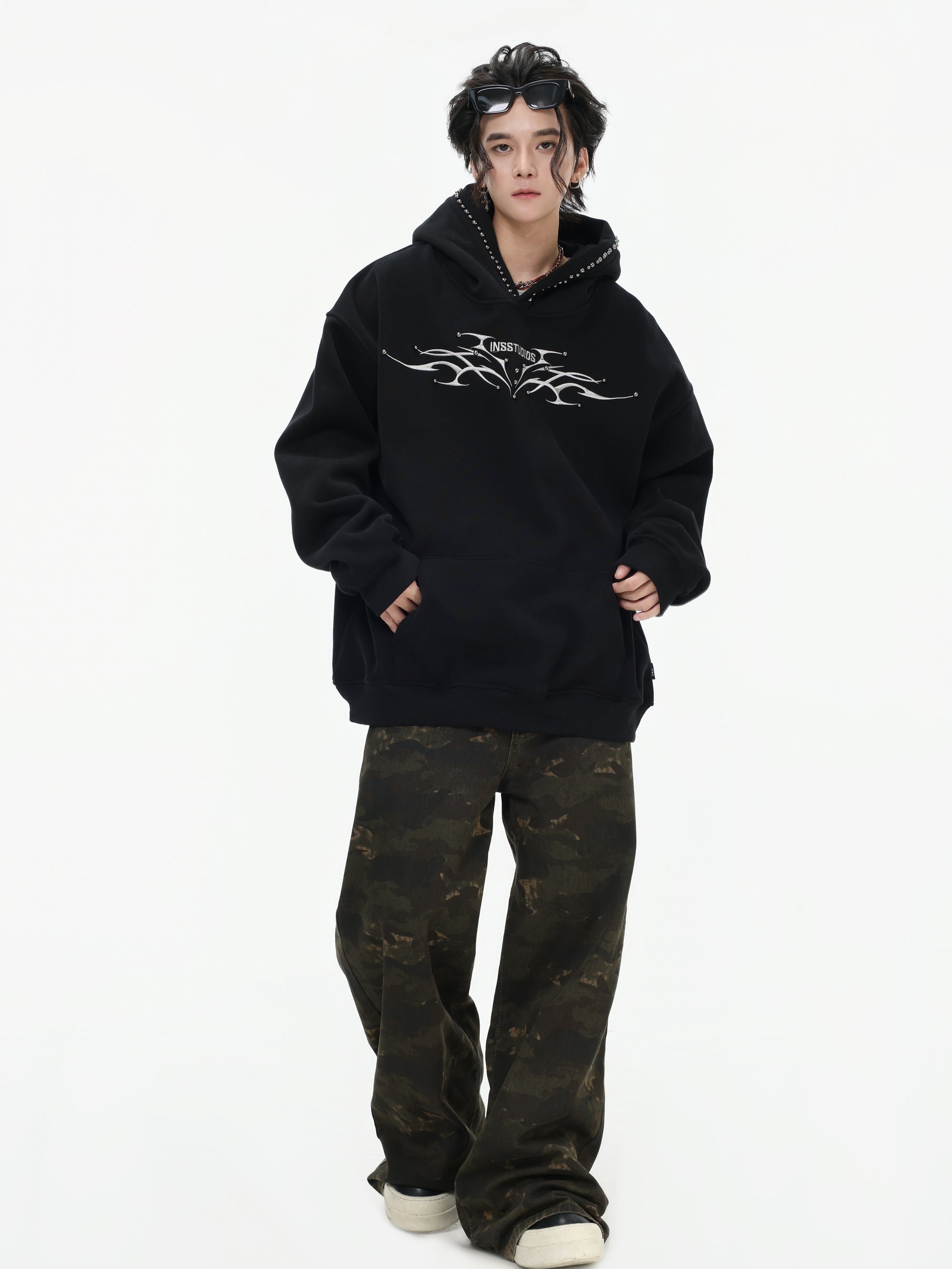 【評価★4.8以上／高品質】Tribal Studded Oversized Hoodie mry001900