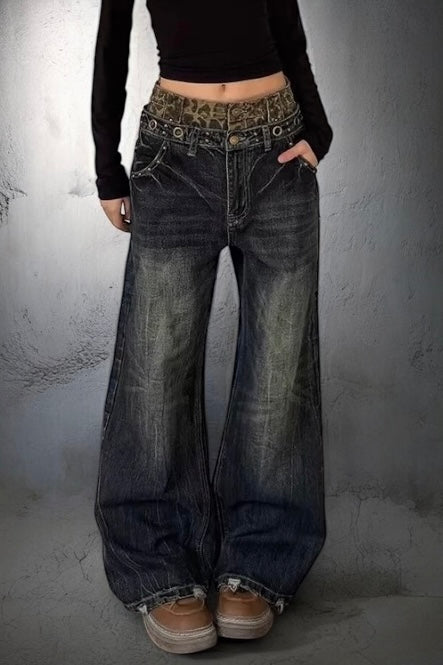 Leopard Panel Wide Denim Pants mry002139