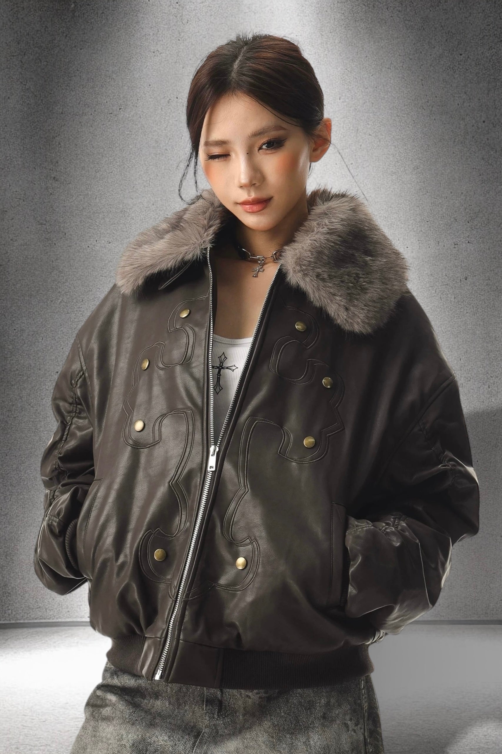 Fur Collar Cross Leather Jacket mry002018