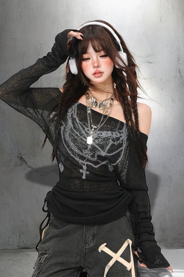 【2color】Off-Shoulder Chain Print Knit Top mry001732