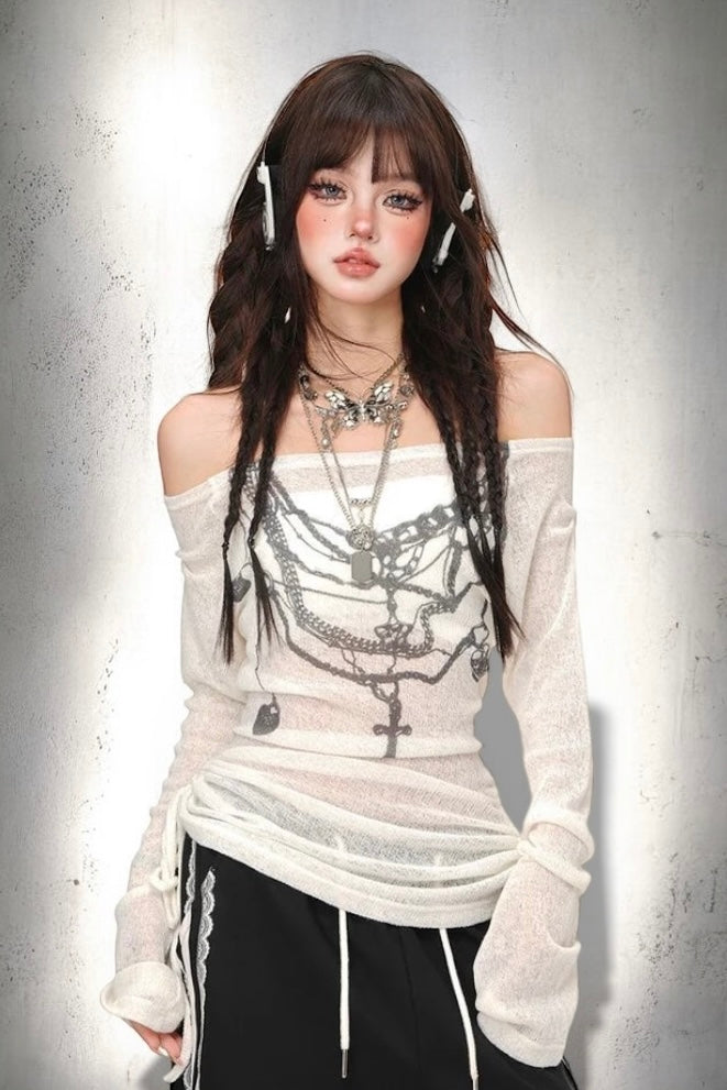 【2color】Off-Shoulder Chain Print Knit Top mry001732