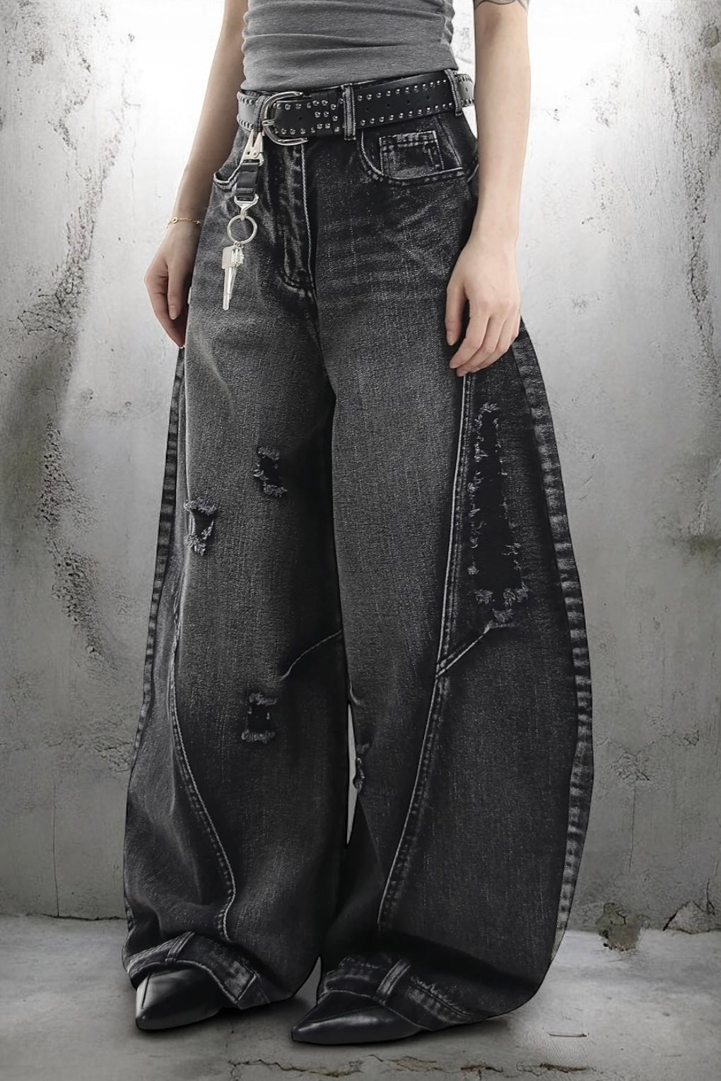 【COVER:FIT】 Vintage Washed Distressed Wide-Leg Denim Pants mry001868