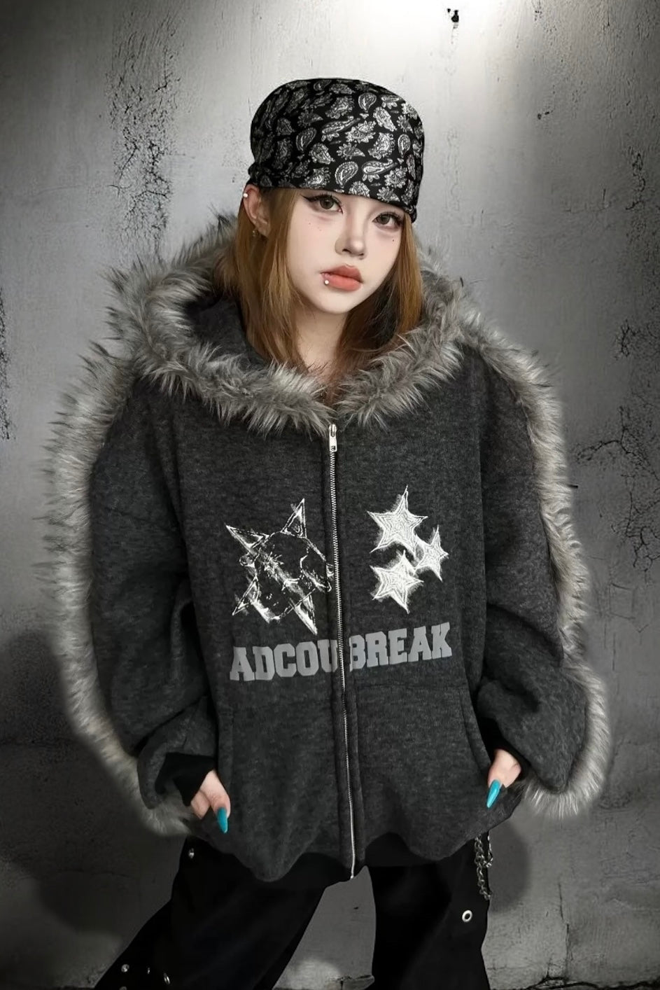 Star Graphic Fur Trim Zip Hoodie mry002151