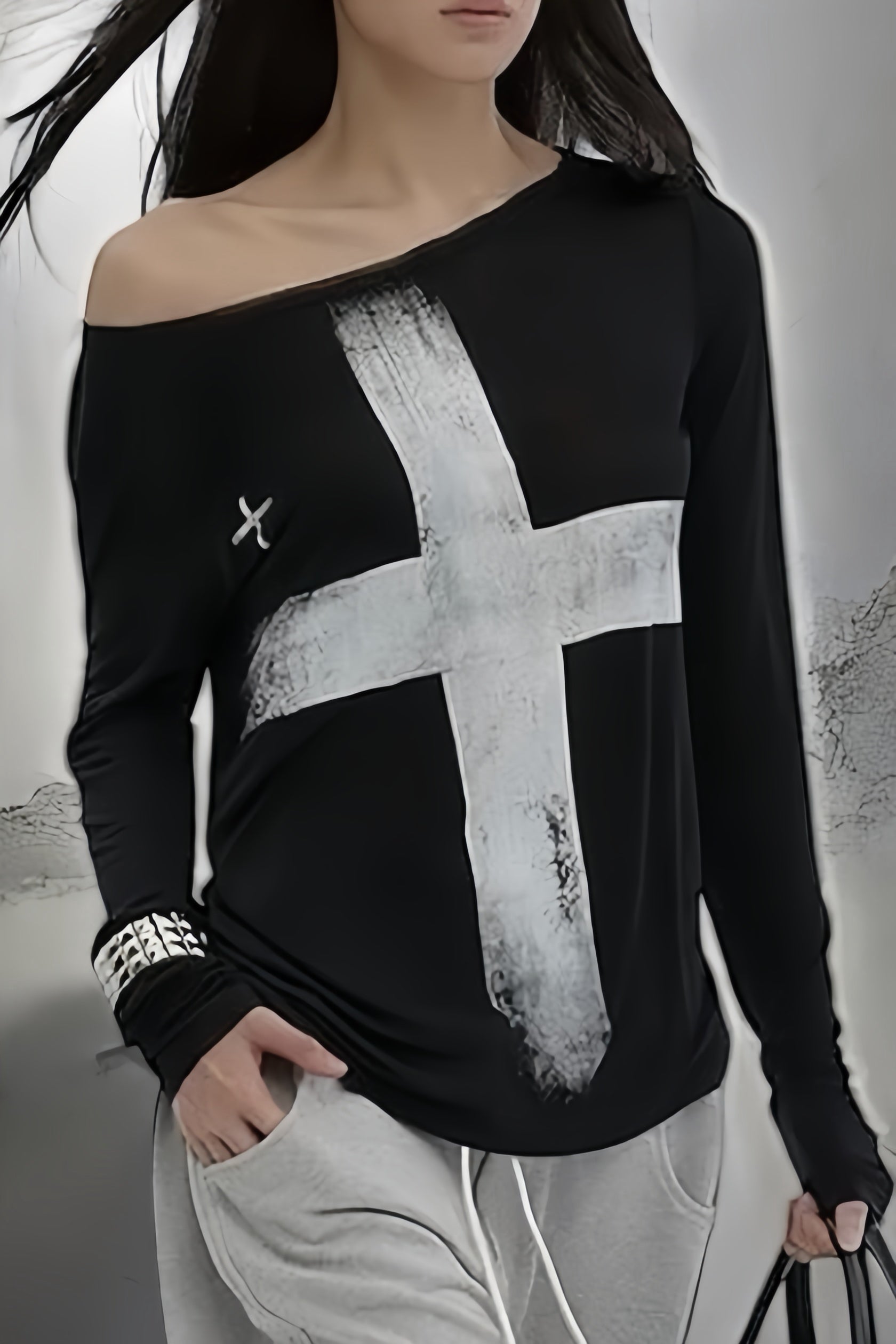 【2color】Cross Print Off Shoulder Tops mry001850