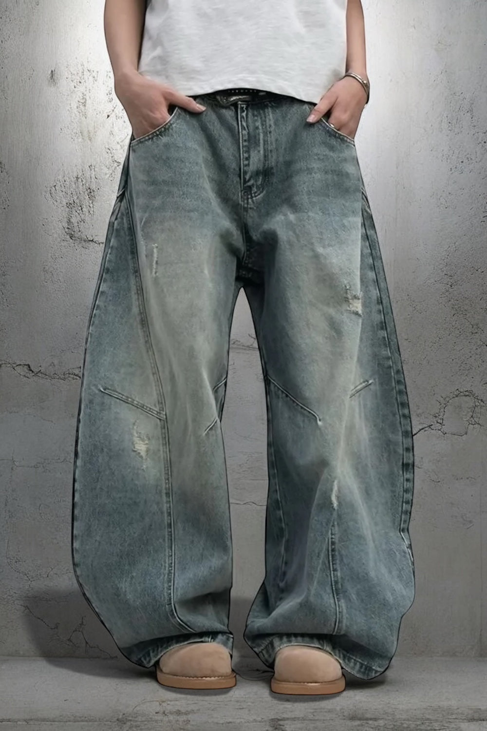 『レビュー高評価💬』【COVER:FIT】Vintage Wide-Leg Distressed Baggy Denim Pants mry001629