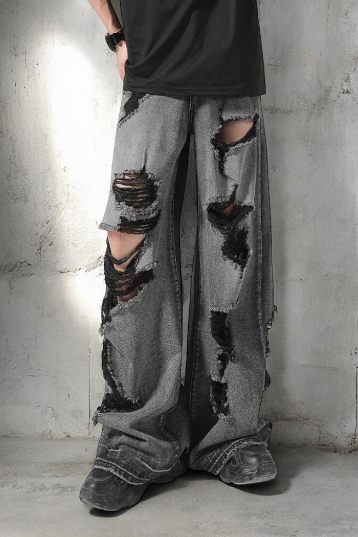 Extreme Distressed Wide-Leg Jeans mry001737