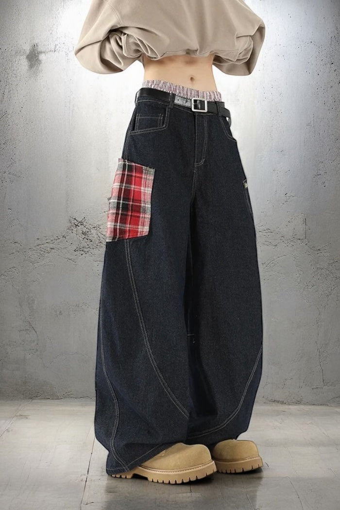 【COVER:FIT】 Plaid Patch Wide-Leg Denim Pants mry001859